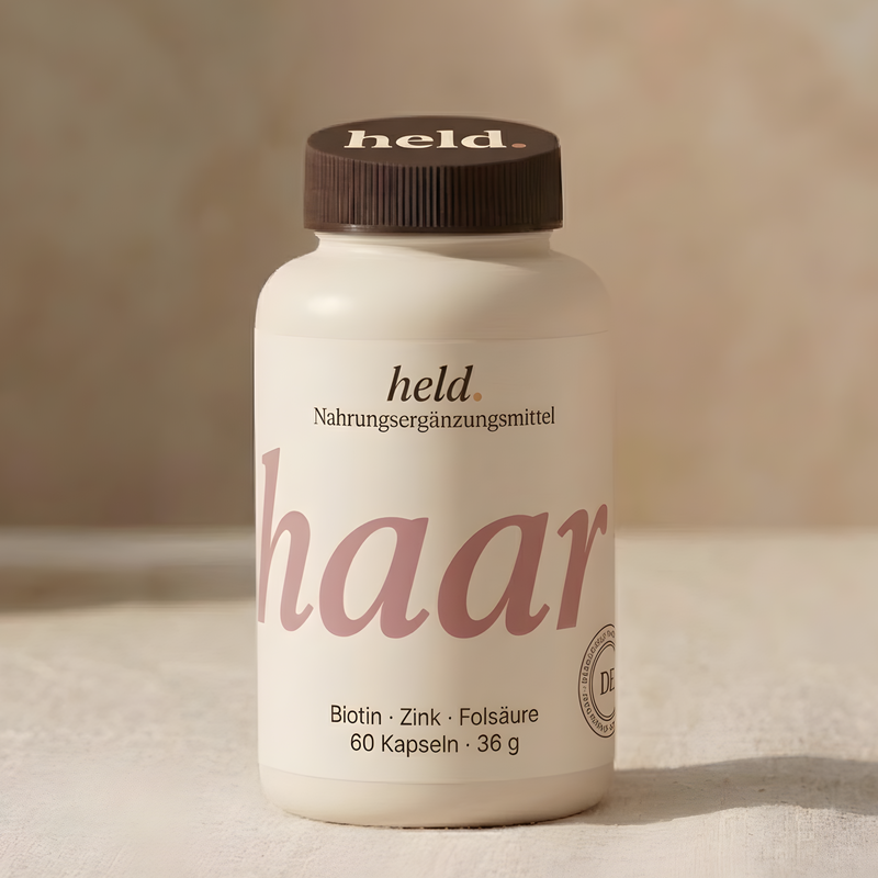 held. haar — Nahrungsergänzungsmittel mit Biotin, Zink & Folsäure, 60 Kapseln, cremefarbene Dose mit braunem Deckel